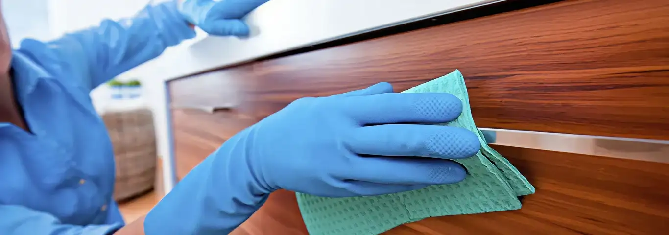 Cleaner wearing blue gloves wiping a wooden cabinet drawer with a microfiber cloth for dust and grime removal, Tucson, AZ.