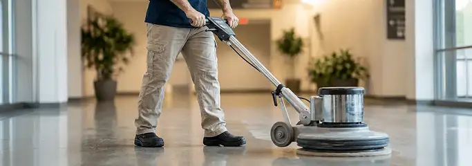 Professional technician using an industrial floor buffer to polish and maintain shiny commercial flooring in a corporate hallway in Tucson, AZ.