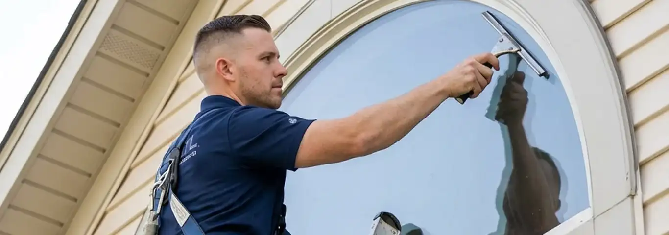 Professional window cleaner using a squeegee to clean an exterior arched window on a home, Tucson, AZ.