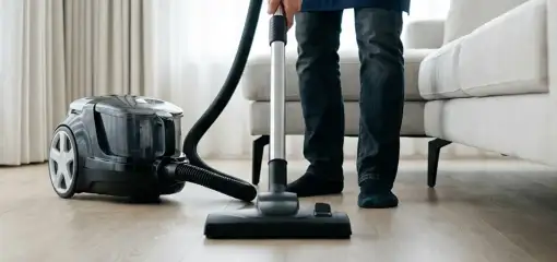 Professional house cleaner vacuuming a living room floor with a canister vacuum cleaner, Tucson, AZ.