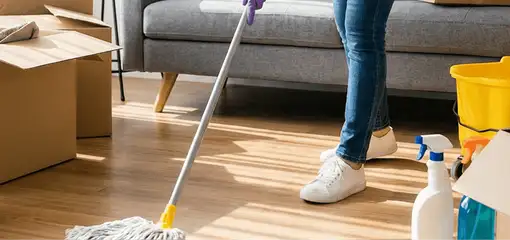 Move-out cleaning setup with a cleaner mopping hardwood floors near moving boxes and cleaning supplies, Tucson, AZ.