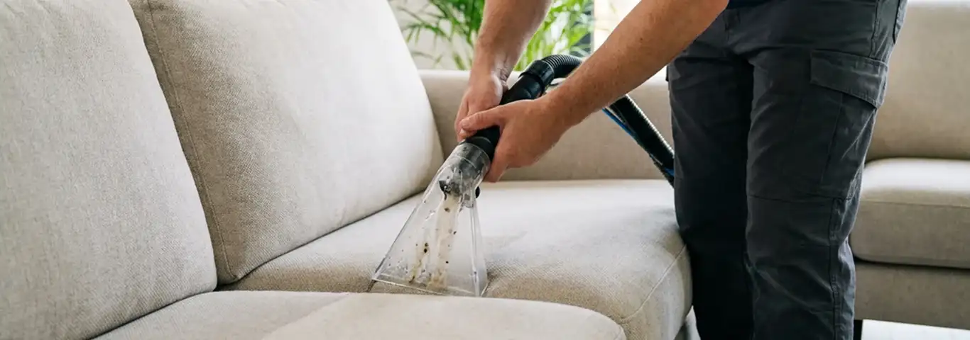 Technician extracting dirt and moisture from a fabric sofa with an upholstery cleaning wand, Tucson, AZ.