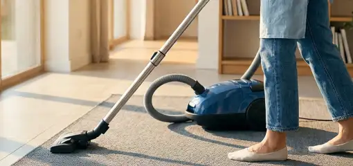 Person vacuuming a living room rug with a canister vacuum cleaner near large windows, Tucson, AZ.